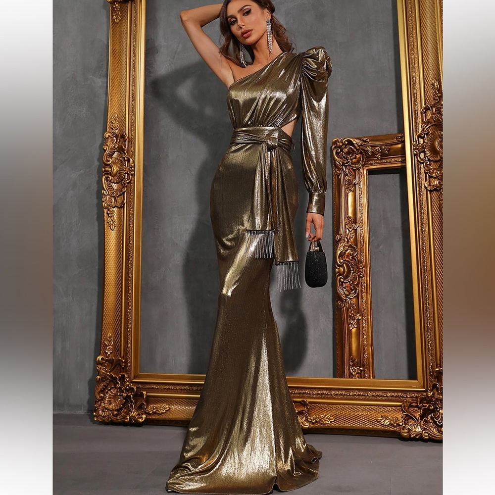 Faeriesty Gold  Glitter Long One Shoulder Cut Out Waist Dress Size XS